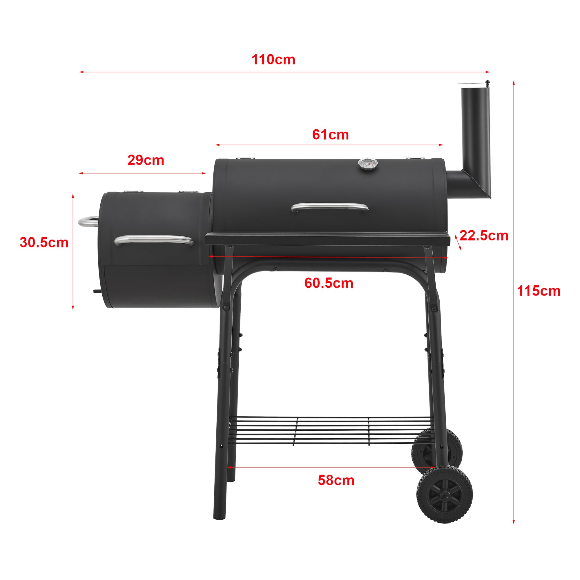 casa.pro Smoker Arielli grill na kółkach na węgiel drzewny z pokrywką, grill węglowy z paleniskiem, 2 kółka, termometr w pokrywie, komin 115 x 110 x 64 cm, czarny