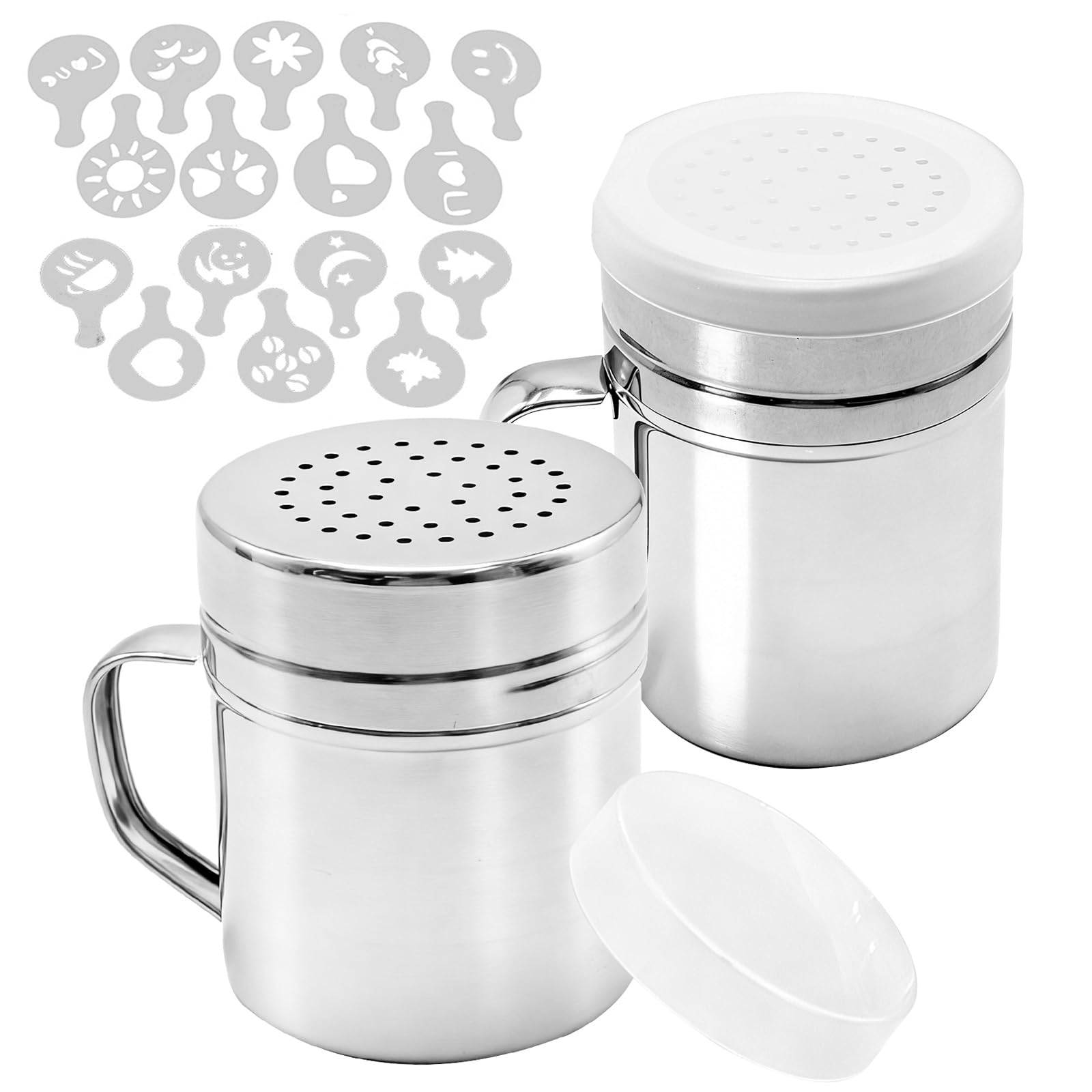 Hoypeyfiy 2 PCS Stainless Steel Powder Shakers with Handles, 10oz/300ml Capacity and 16 Printing Molds, Ideal for Sugar, Cocoa, and Spices in Baking and Coffee (Oval)