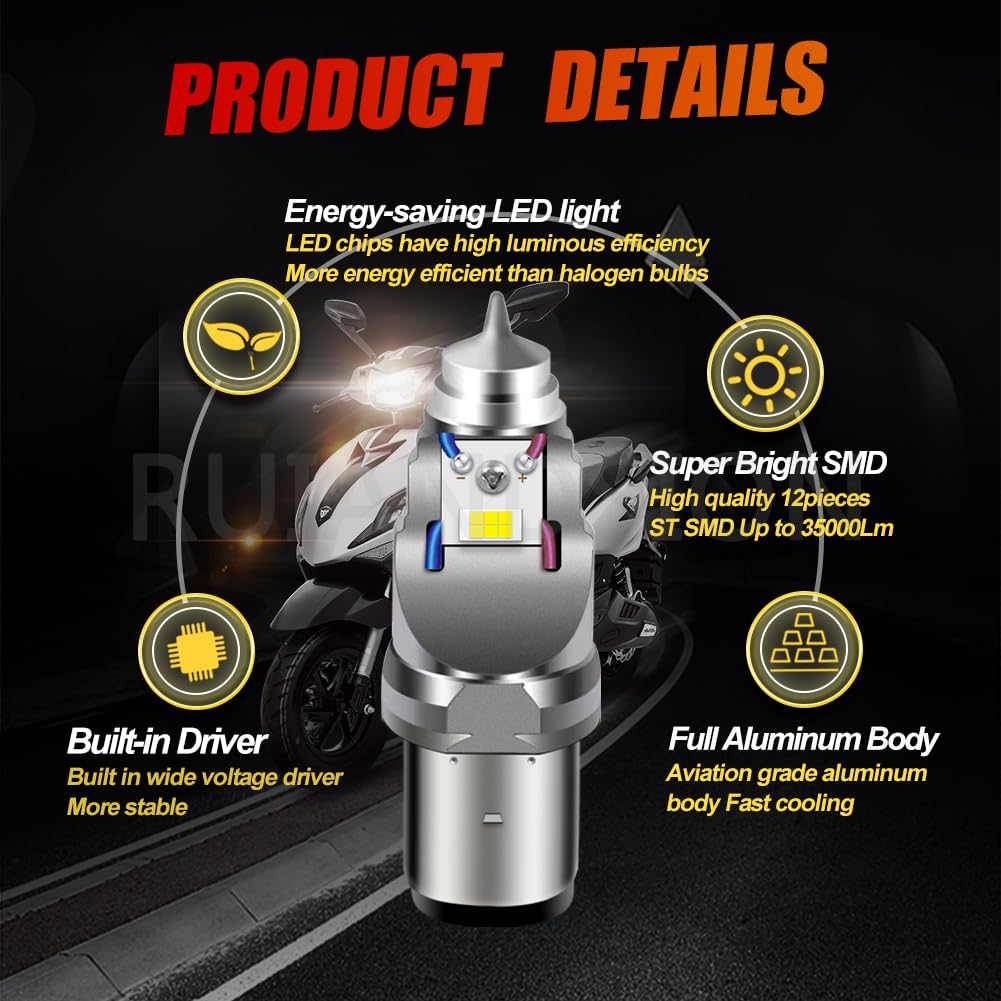 Ruiandsion BA20D - Ampoule de phare LED pour moto - 6-24V - Super lumineuse - 5730 - 12 puces LED SMD - Ampoules H6 pour phare de moto avec faisceau haut/bas - Blanc