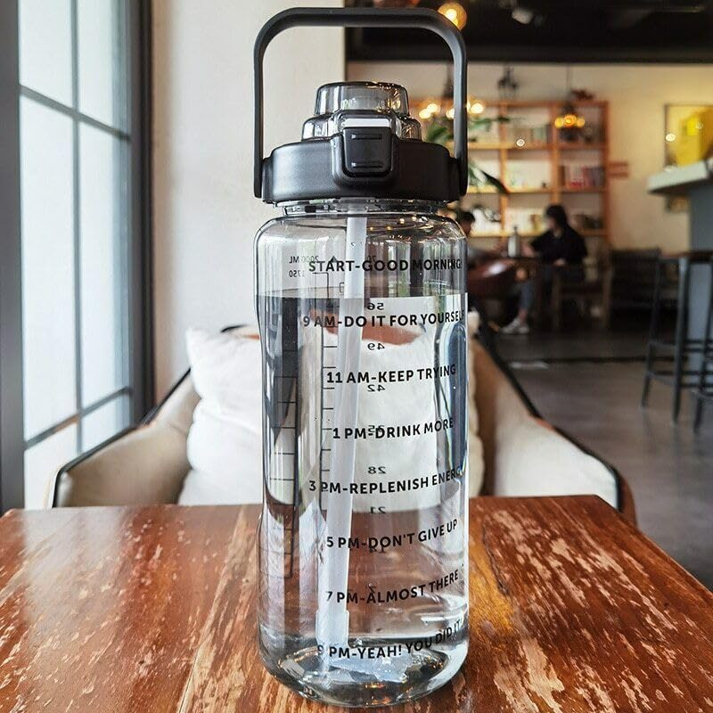 Image of 2 L Capacity Water Bottle Transparent Motivational Water Bottles with Time Marker Leak proof & break-proof With straw,3D Sticker,2D Stickers, Bottle cleaner Brush (Black)