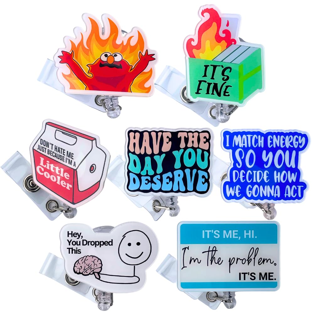 7pc Funny Badge Reel Retractable for Nurse, Teachers, Nurses, Office Workers & Nursing | Cute Cool ID Tag Card Holder Clips for Doctor Student for Men & Women Lanyard Supplies Accessories