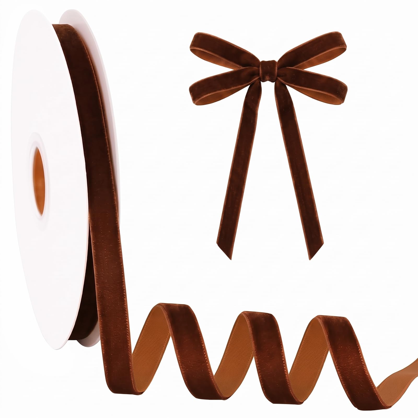 RIBBOOO Brown Velvet Ribbon 1CM x 9.14 Meters, Vintage Velvet Ribbons for Christmas Wreath Bow Decoration Craft Gift Wrapping, Valentine's Day Bouquet Packaging