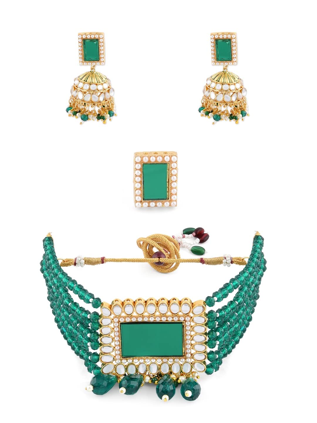 ZAVERI PEARLS Green Multistrand Kundan Choker Necklace Earring & Ring Set For Women-ZPFK11454 (B09MKKV16P) Amazon Price History, Amazon Price Tracker