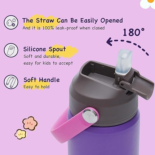Miniatura 3 de Kerilyn Botella de agua aislada para niños de 12 onzas, vaso a prueba de fugas con tapas para pajitas, botellas de agua para niños y niñas, botella