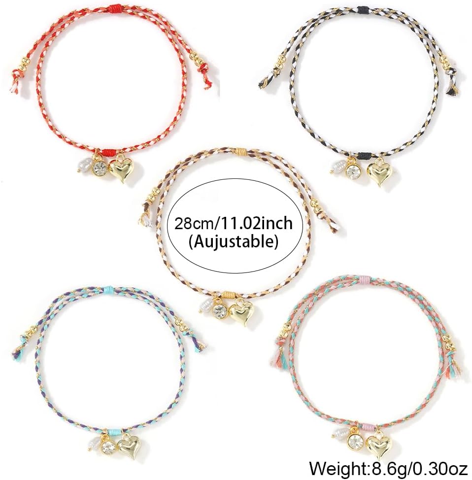 5PCS/set Gold Plated Love Heart Pendant Two-color Rope Adjustable Bracelet for Women,Charm Beads Couple Bracelet,Handmade Fashion Jewelry Gifts - Image 5