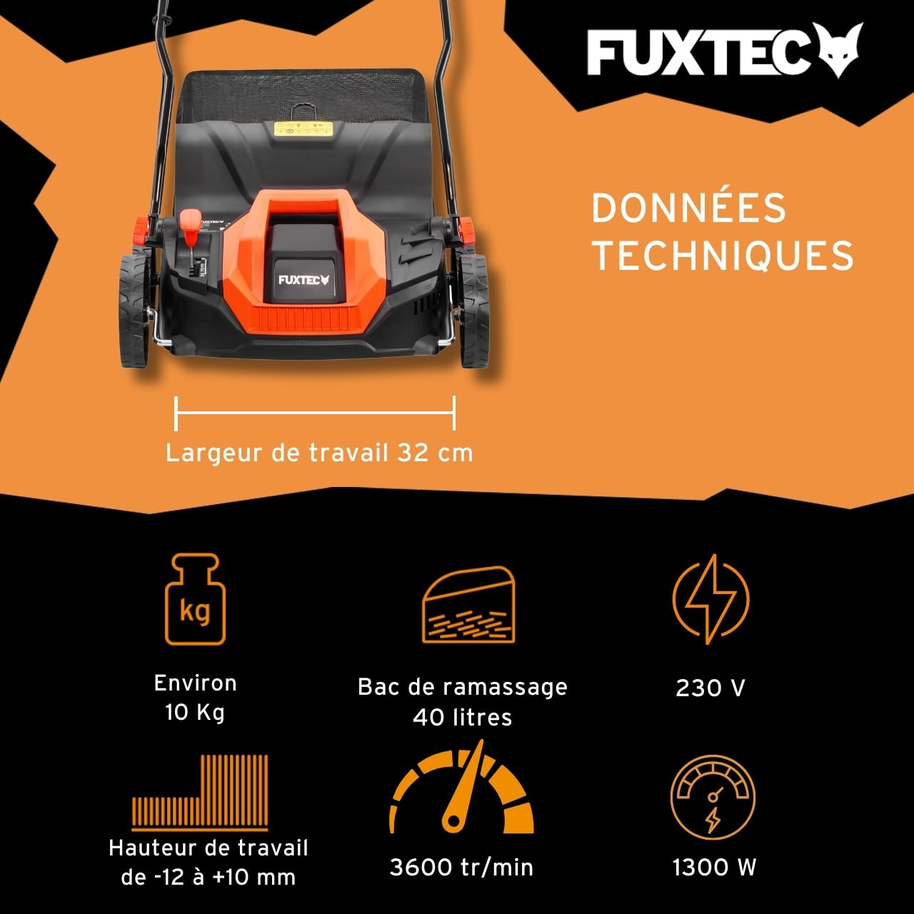 Scarificateur électrique FUXTEC, aérateur de gazon avec 1300 watts de puissance, largeur de travail 32 cm et réglages de profondeur de -12 à +10 mm, bac de ramassage 40 L