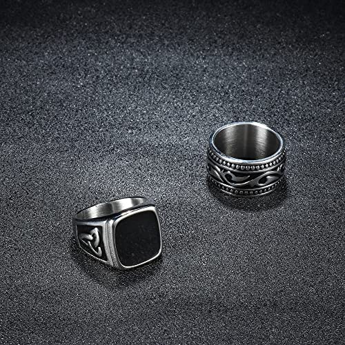 Thunaraz 4Pcs Stainless Steel Rings For Men, Vintage Wide Biker Signet Rings Cuban Chain Spinner Band Rings Set Silver/Gold Size 7-13 #TOP6