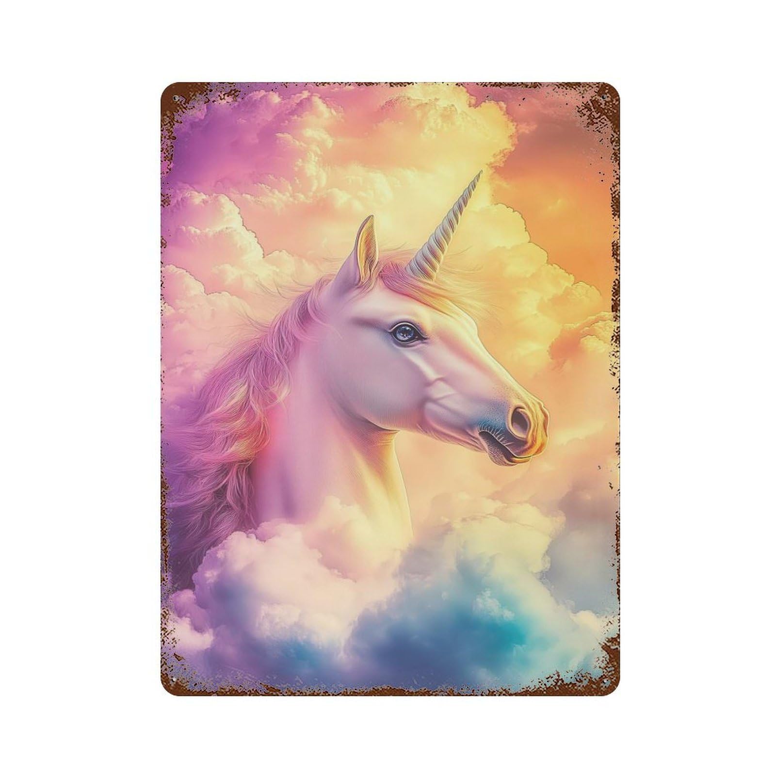 Weathered Tin Sign with Rainbow Unicorn Design 15.7"x11.8", for Basement, Hobby Room And Garage Decor, Industrial Home Decor