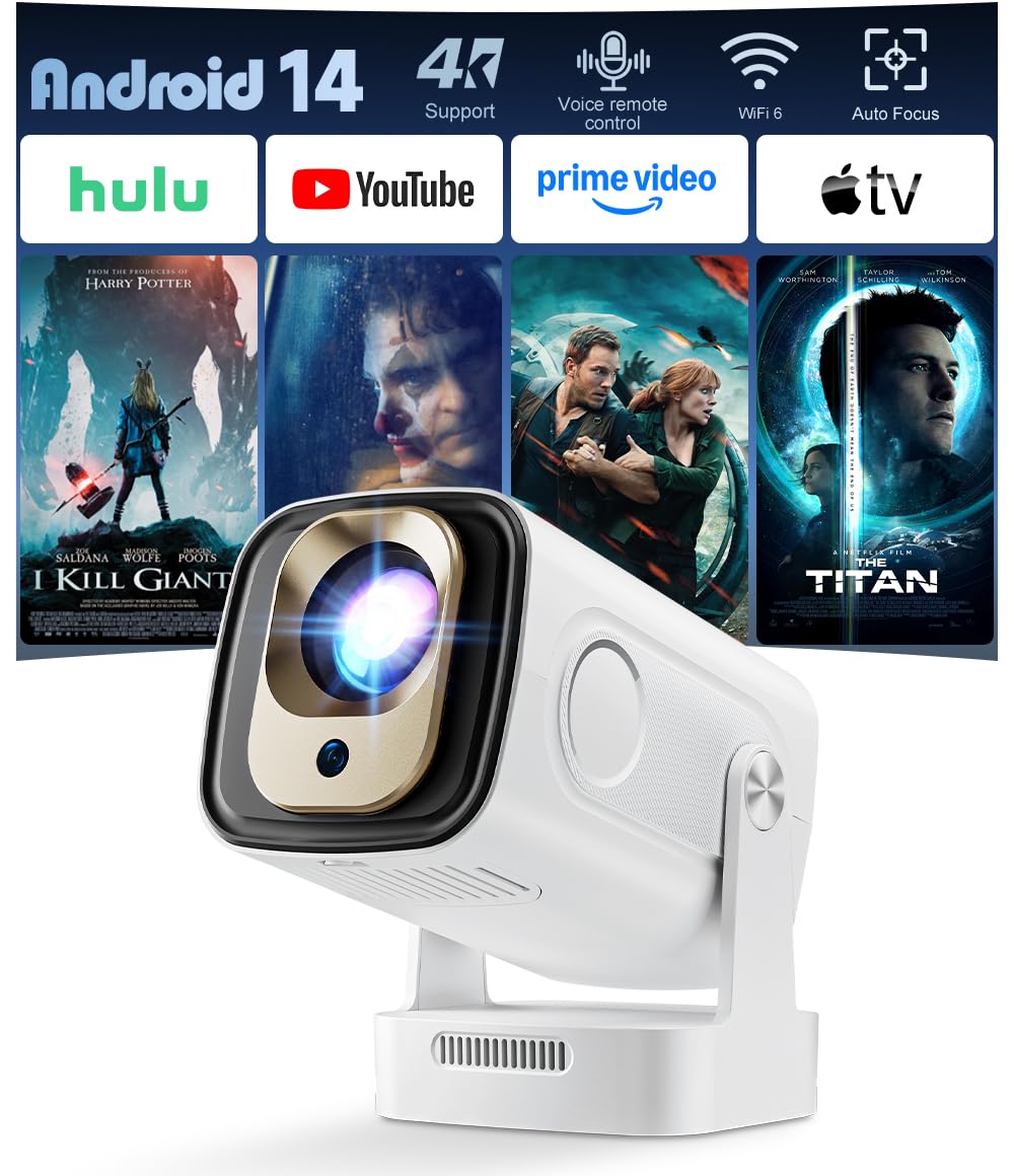 HY260pro 4K Smart Beamer,Mini proiettore con WiFi 6 Bluetooth 5.4 1080p Full HD proiettore portatile con Android 14.0,rotazione di 270°,Home Cinema Proyector per camera da letto all'aperto