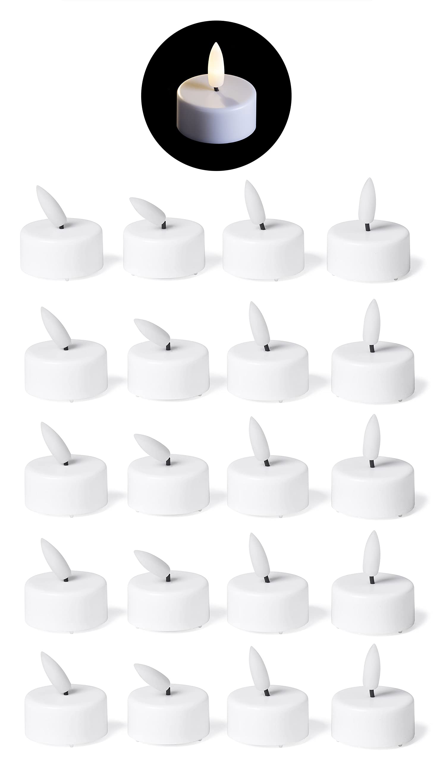 Novaliv Ekonomiczny zestaw 20 podgrzewaczy LED, małe świeczki LED, ciepła biel, z migoczącym płomieniem 3D – 6 cm świeczki LED do dekoracji wieńca adwentowego – lampki bożonarodzeniowe LED z funkcją timera