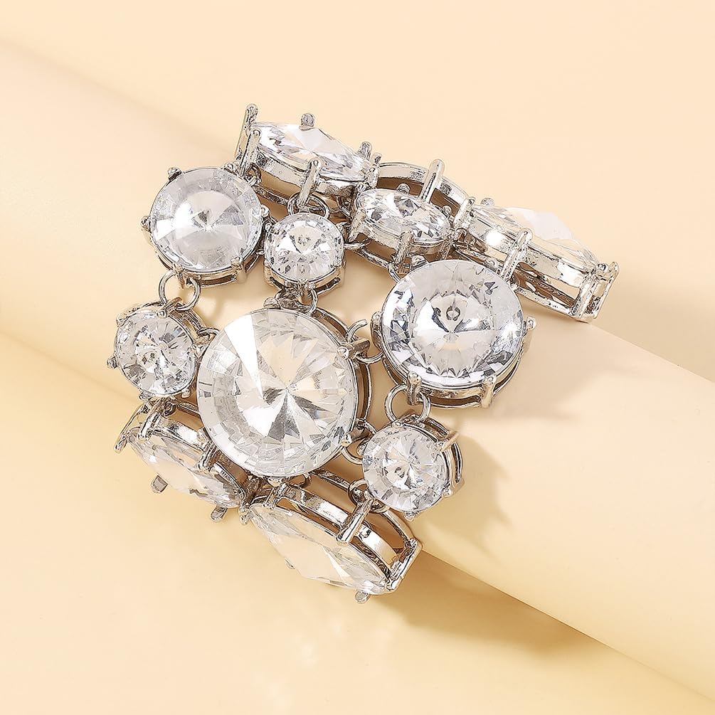 Big Round Rhinestone Bracelet for Women Funky Bling Chunky Acrylic Crystal Silver Cuff Bangles Statement Sparkly Party Prom Accessories Jewelry Gifts
