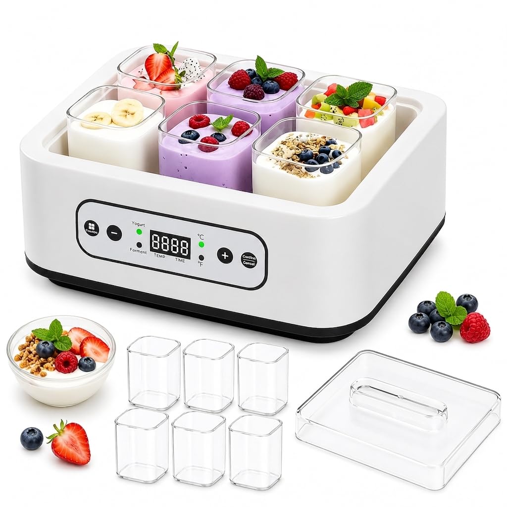 Yogurtera automática de 1000ML con 6 tarros, Control de Temperatura y Tiempo Ajustable de 36 Horas, fácil Limpieza, para Postre Griego casero
