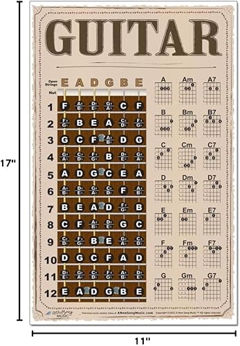 Miniatura 6 de A New Song Music Tabla de notas de estilo americano de guitarra y diapasón, póster fácil de instrucción para principiantes, acordes y notas, 11 x 17