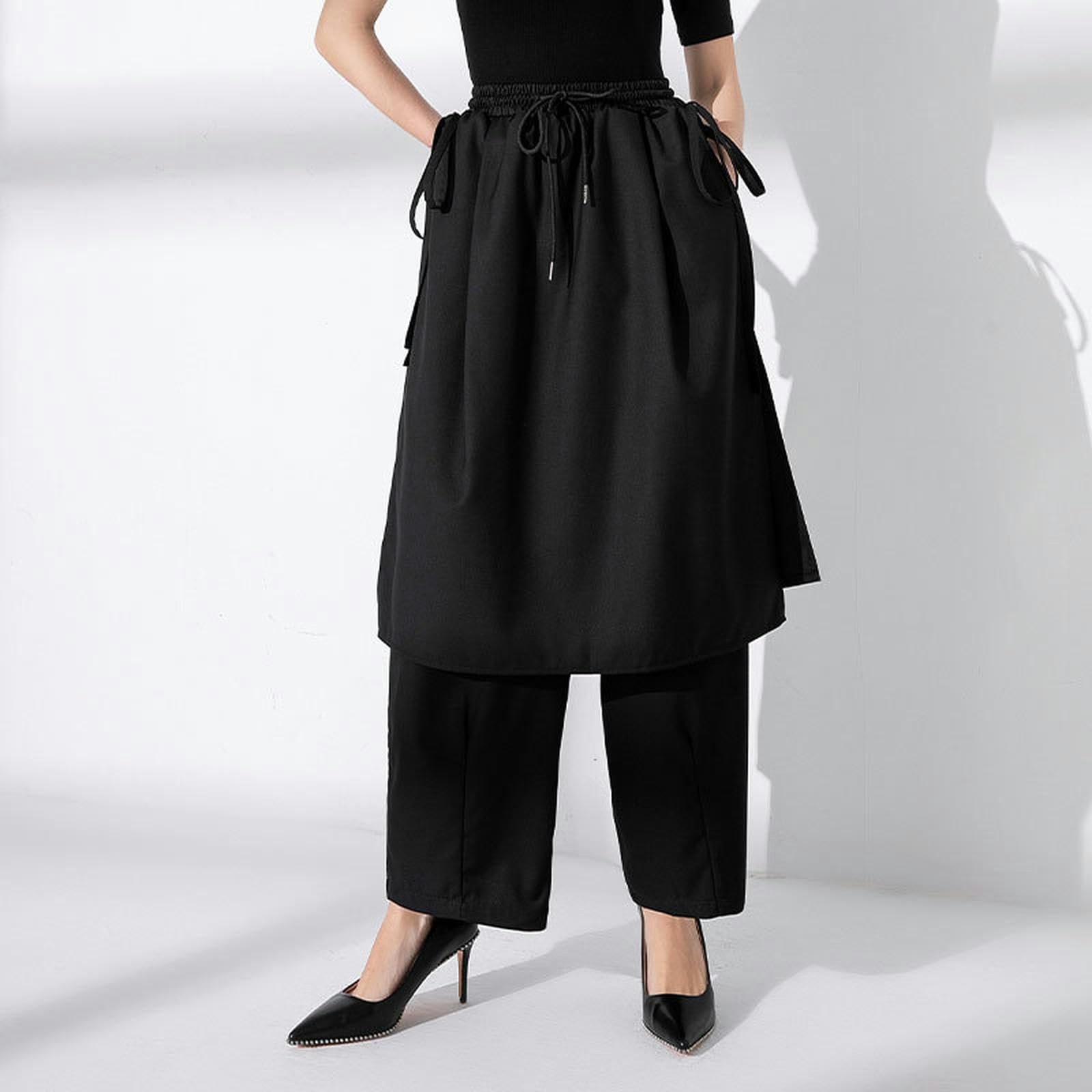 Jupe-Culotte Taille Haute Style Street Workwear avec Coutures latérales et banderoles, Jupe-Culotte décontractée et Pantalon décontracté à Jambes Larges - Noir - Taille Unique