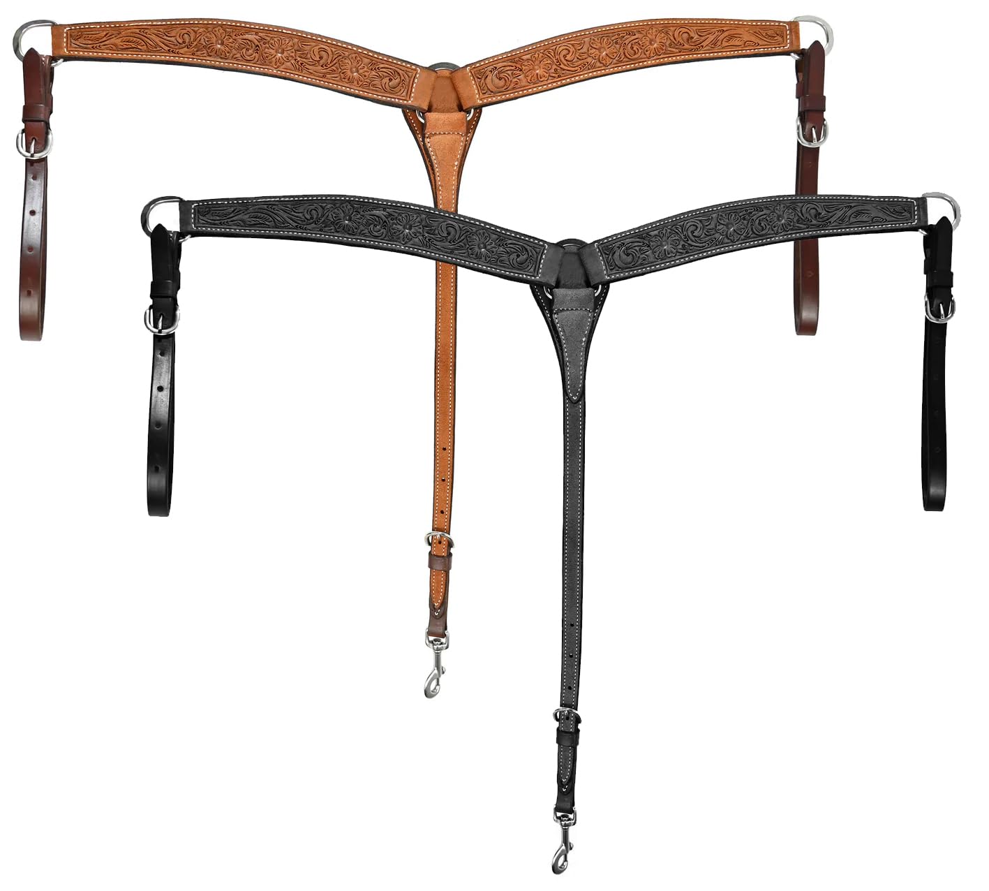 2" Leather Floral Tooled Breast Collar Western Horse Saddle (Black, Pony)