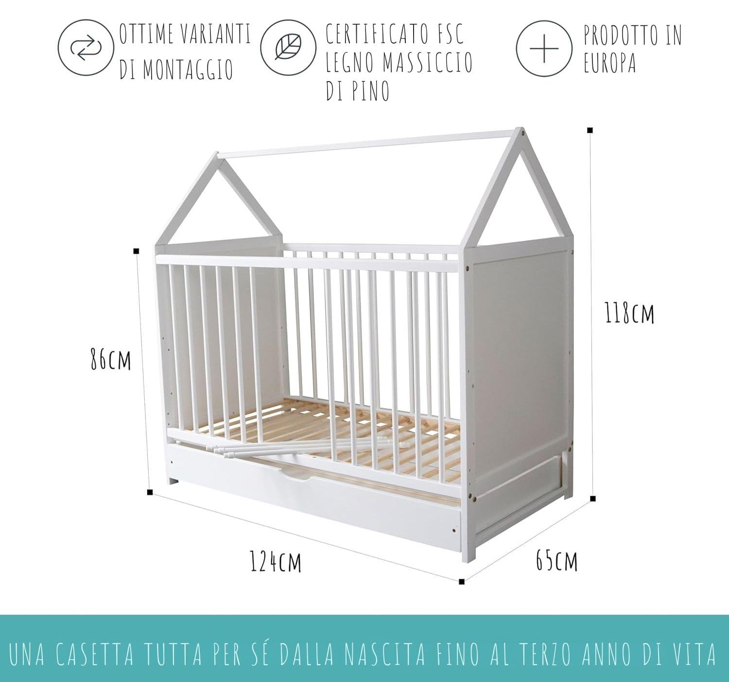 Lettino per bambini Letto per bambini 60x120 cm con cassetto Lettino 120x60 cm bianco con cassetto, regolabile in altezza e trasformabile per bambini, bambine e ragazze dalla nascita a 3 anni
