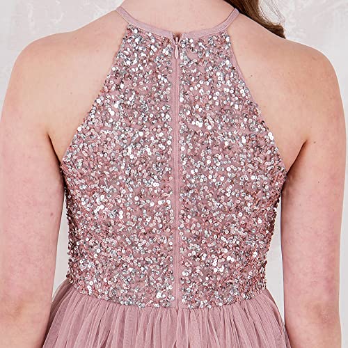 Maya Deluxe Damen Womens Ladies Bridesmaid Maxi Dress Halter Neck Sequin Embellished Prom Graduation Wedding Brautjungfernkleid, Frosted Pink, 28 5