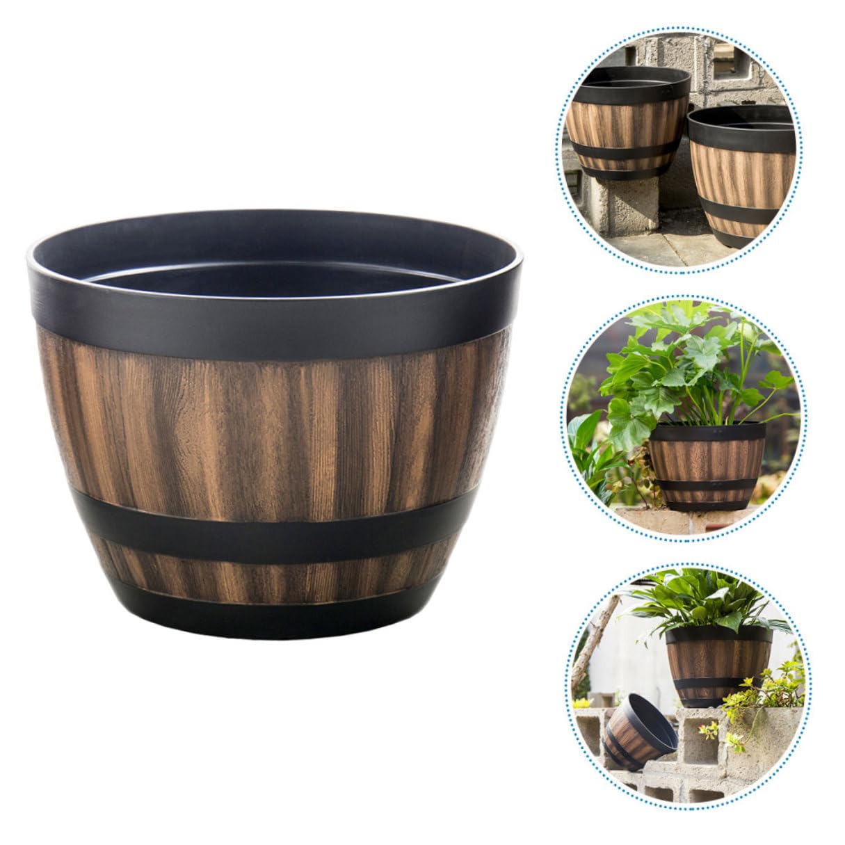 Toyvian Blumentopf Holzoptik Pflanzgefäß Kunststoff Retro Pflanzkübel Whiskyfass Design für Balkon Garten Büro ohne Abflussloch Bpa Frei