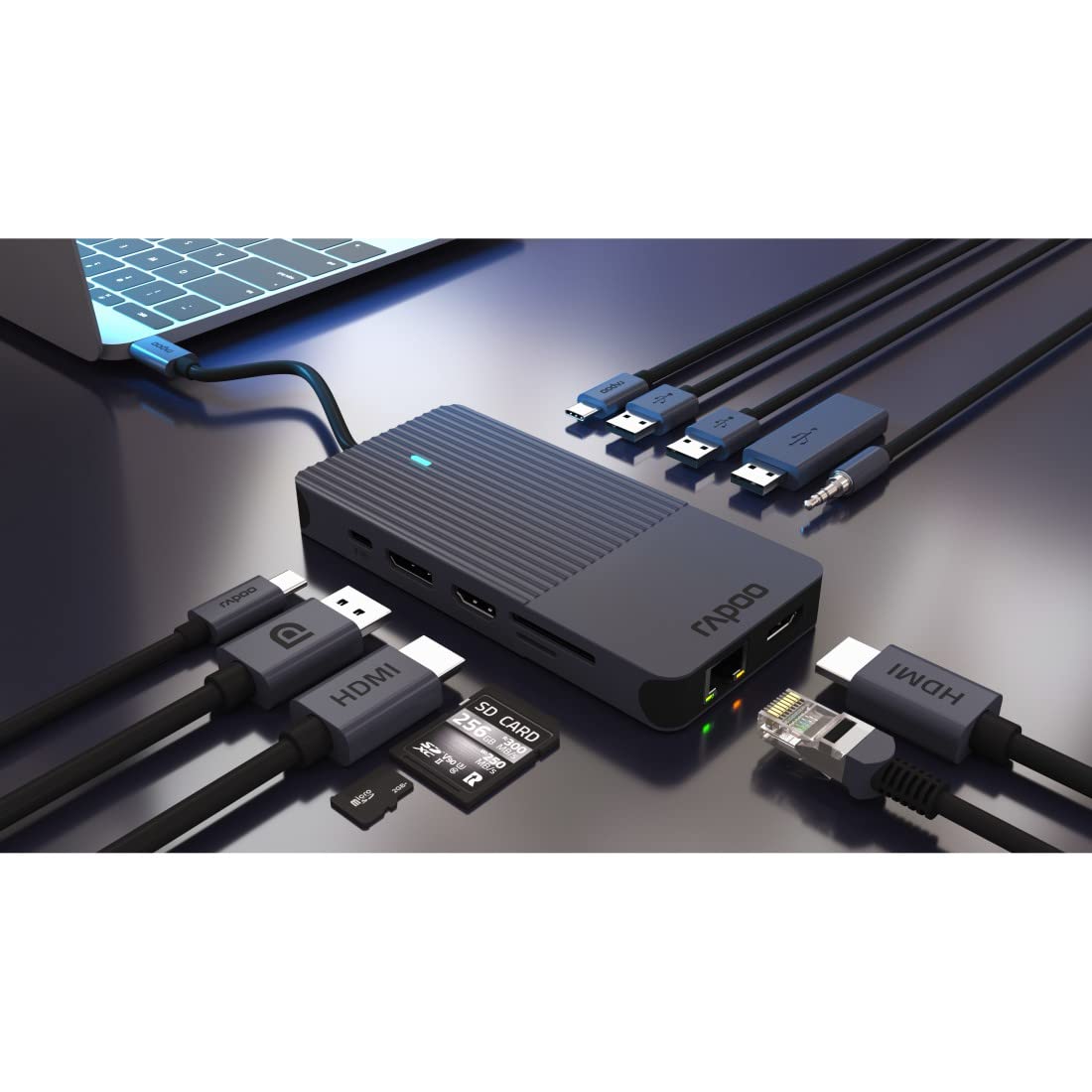 Rapoo Hub z 12 portami "UCM-2006" wtyk USB - C (złącza: HDMI, RJ45, USB-C, USB-A,jack 3,5mm, SD/SDHC/SDXC Card/microSD, 100 W, 5 Gbit/s, kabel 0,18m) szary