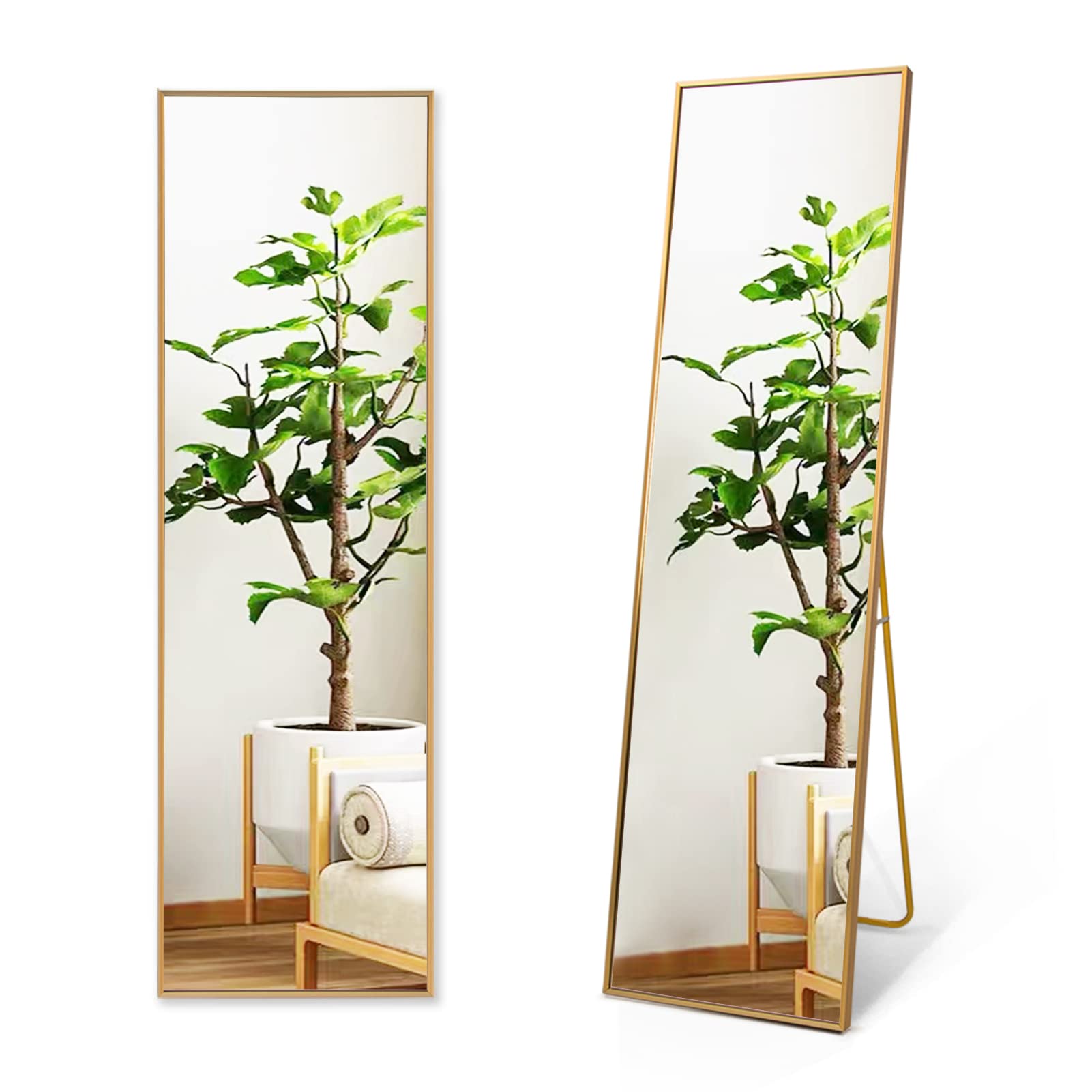 Wall Mirror Full Length Full Body Mirror Floor Mirror Standing Mirror with Aluminum Alloy Thin Frame for Bedroom Living Room, 59” X16” Gold