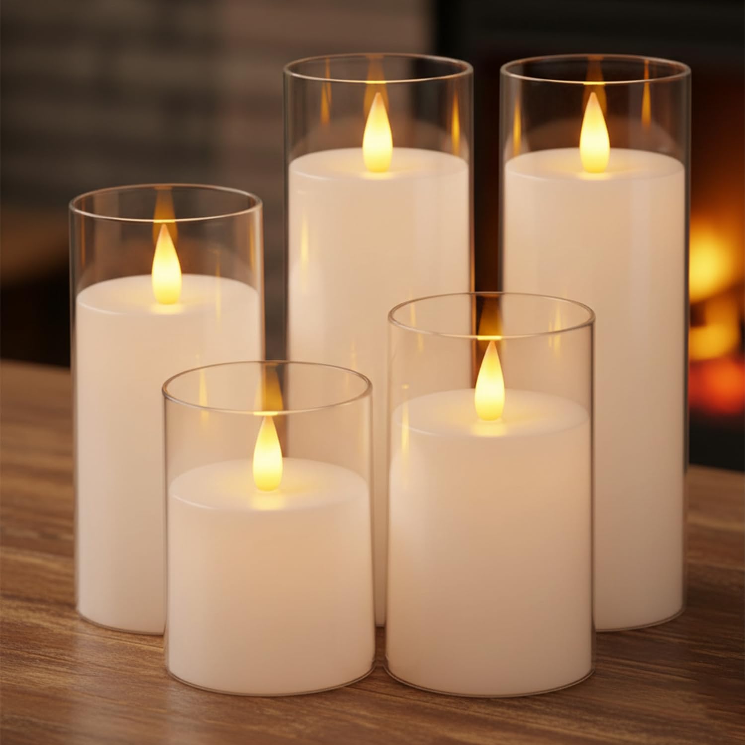 coku Set of 5 Flameless LED Pillar Candles with Acrylic Glass Holders, Realistic Flickering Moving Flame, Battery Operated, Smokeless Safe Decorative Candles Gift for Home, Wedding, Diwali, Christmas