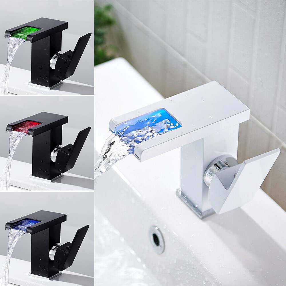 Bateria umywalkowa LED, 3 zmieniające kolory, armatura umywalkowa z czujnikiem temperatury, armatura umywalkowa, wodospad, armatura łazienkowa, mosiężna, nadaje się do łazienki, kuchni