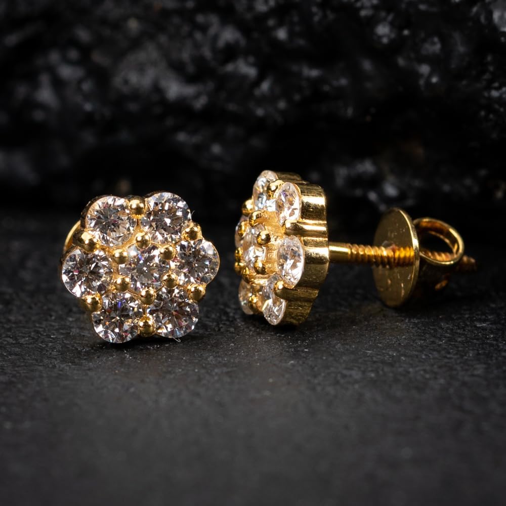 Brilliant Iced Cz 14K Yellow Gold Plated Sterling Silver Screw Back Post Round Men's Women Elegant Flower Cluster Cz Unisex Circle Stud Hip Hop Hypoallergenic Earrings