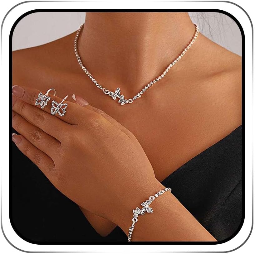 EARENT Rhinestone Butterfly Jewelry Silver Set Bridal Jewelry Sets For Wedding Bling Necklace Sparkly Bracelet Crystal Earrings for Women(Set of 3) EARENT Rhinestone Butterfly Jewelry Silver Set Bridal Jewelry Sets For Wedding Bling Necklace Sparkly Bracelet Crystal Earrings for Women(Set of 3)