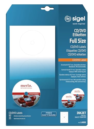 SIGEL La501, 50 Étiquettes Cd/Dvd, Ø 11,7 cm, pour Jet d'encre, 25 Feuilles, Blanc