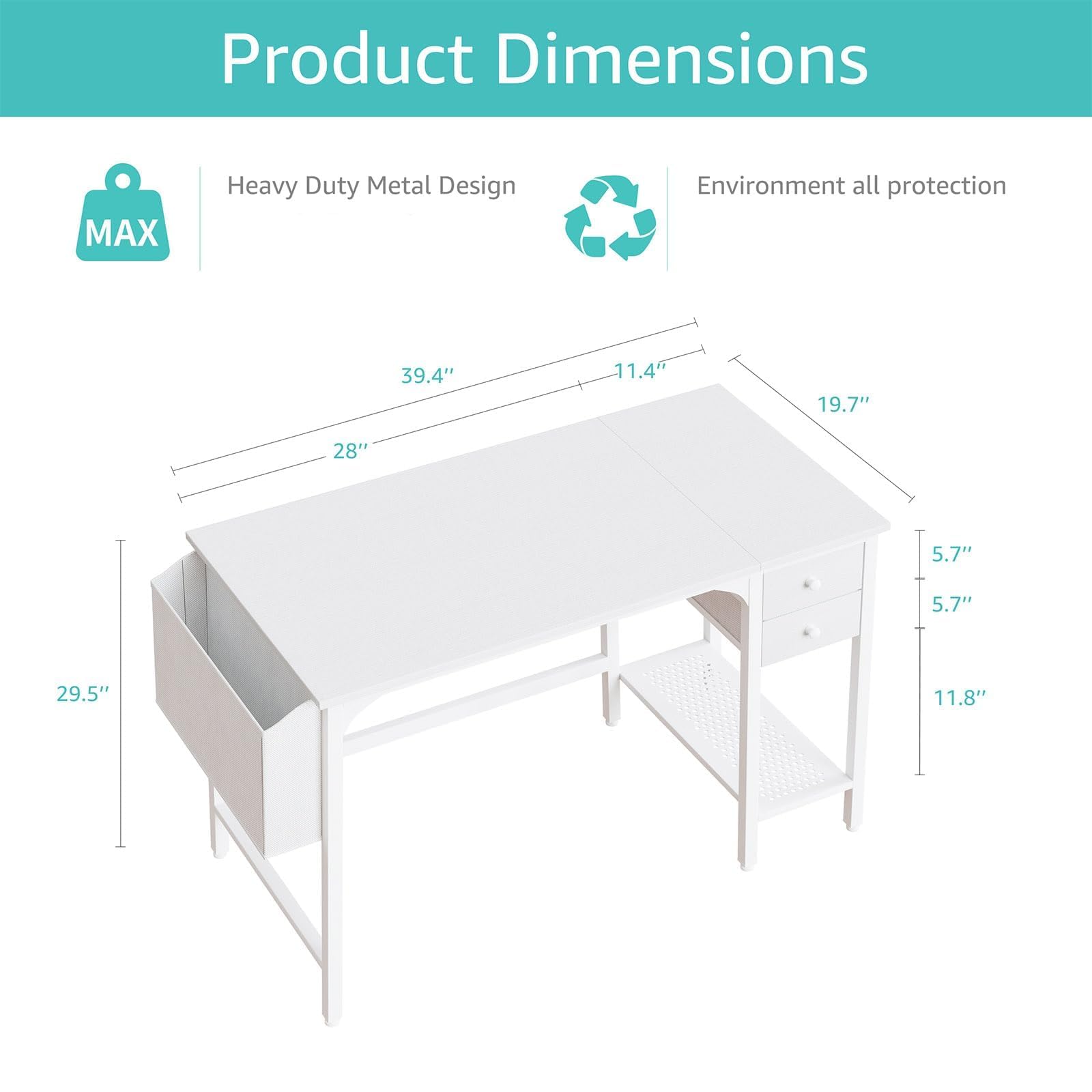 Lufeiya Bureau Blanc avec 2 Tiroirs de Rangement Petit PC Bureau 100cm Informatique pour Chambre Petit Espace Ado Fille