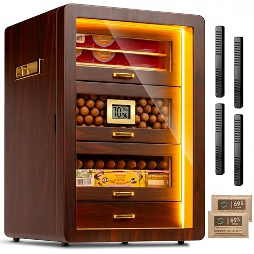 Desktop Cigar Humidor Cabinet Triple-Sided Light with Digital Hygrometer, Humidifier