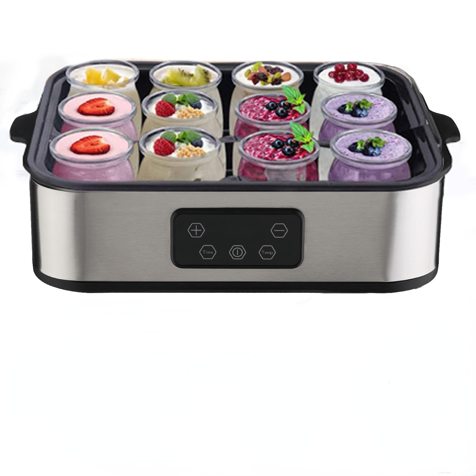 Yaourtière 12 pots en verre, Capacité 2200ml Machine à Yaourt Maison, Yaourtière Fromagère en Acier Inoxydable, Thermostat Réglable et Minuterie 48h - Pour des desserts maison sains