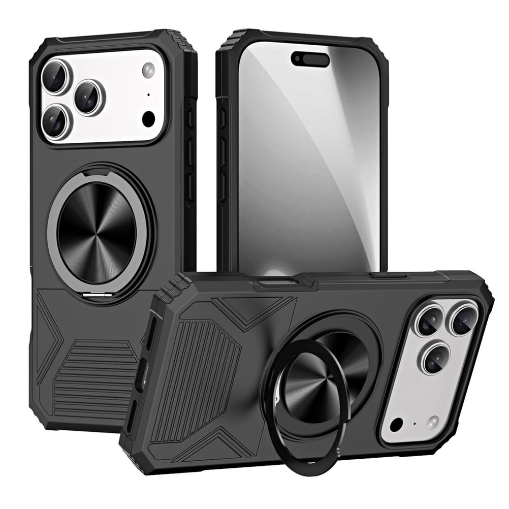 Magnetisch Hülle für iPhone 17 Pro Max/17 Pro/17 Air/17, Militär Stoßfeste rutschfeste Schutzhülle mit Drehbarer Ringhalter Handyhülle,Schwarz,17 Pro