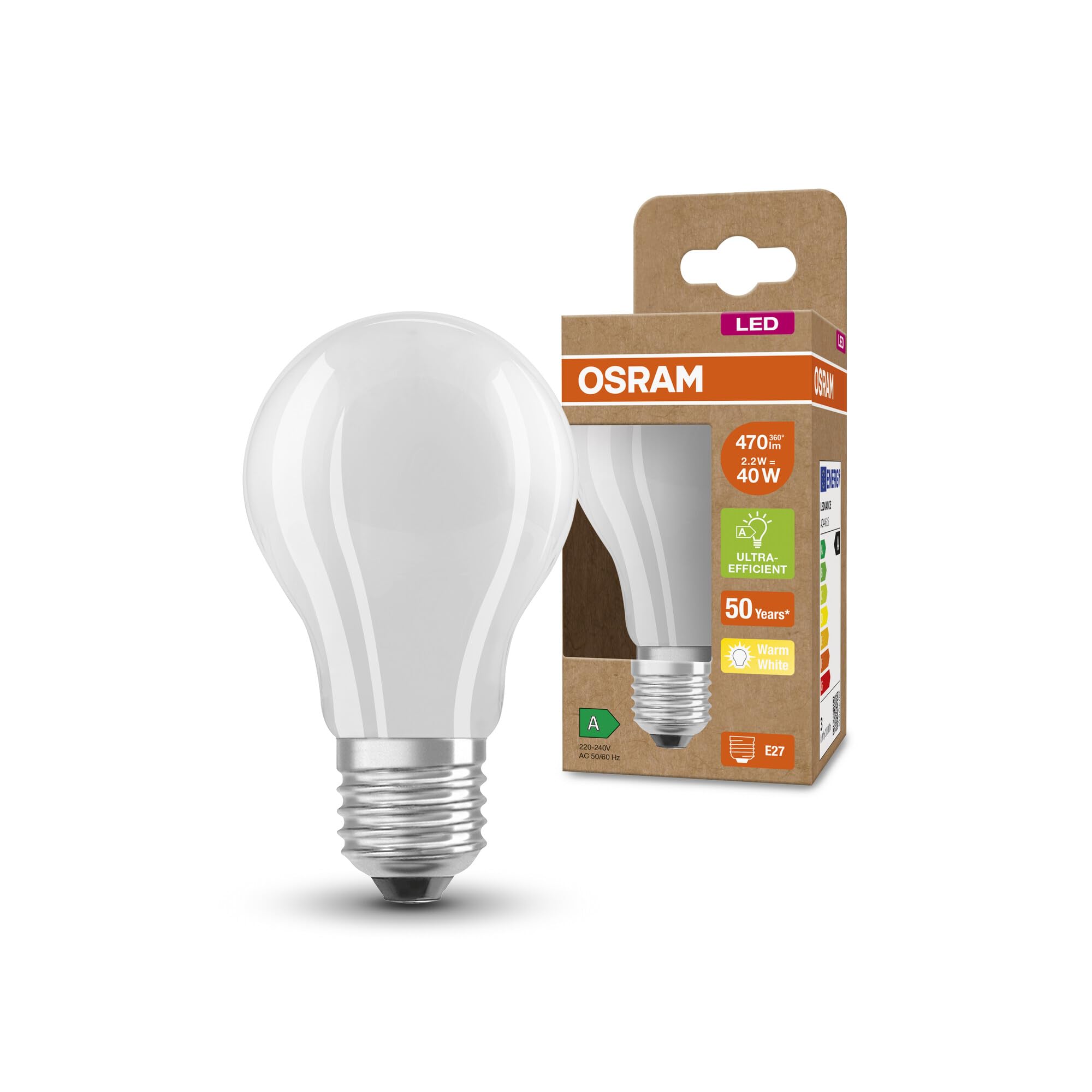Osram Ampoule LED à économie d'énergie, ampoule dépolie, E27, blanc chaud (3000K), 2,​5 watts, remplace une ampoule de 40W, très efficace et à économie d'énergie, pack de 1