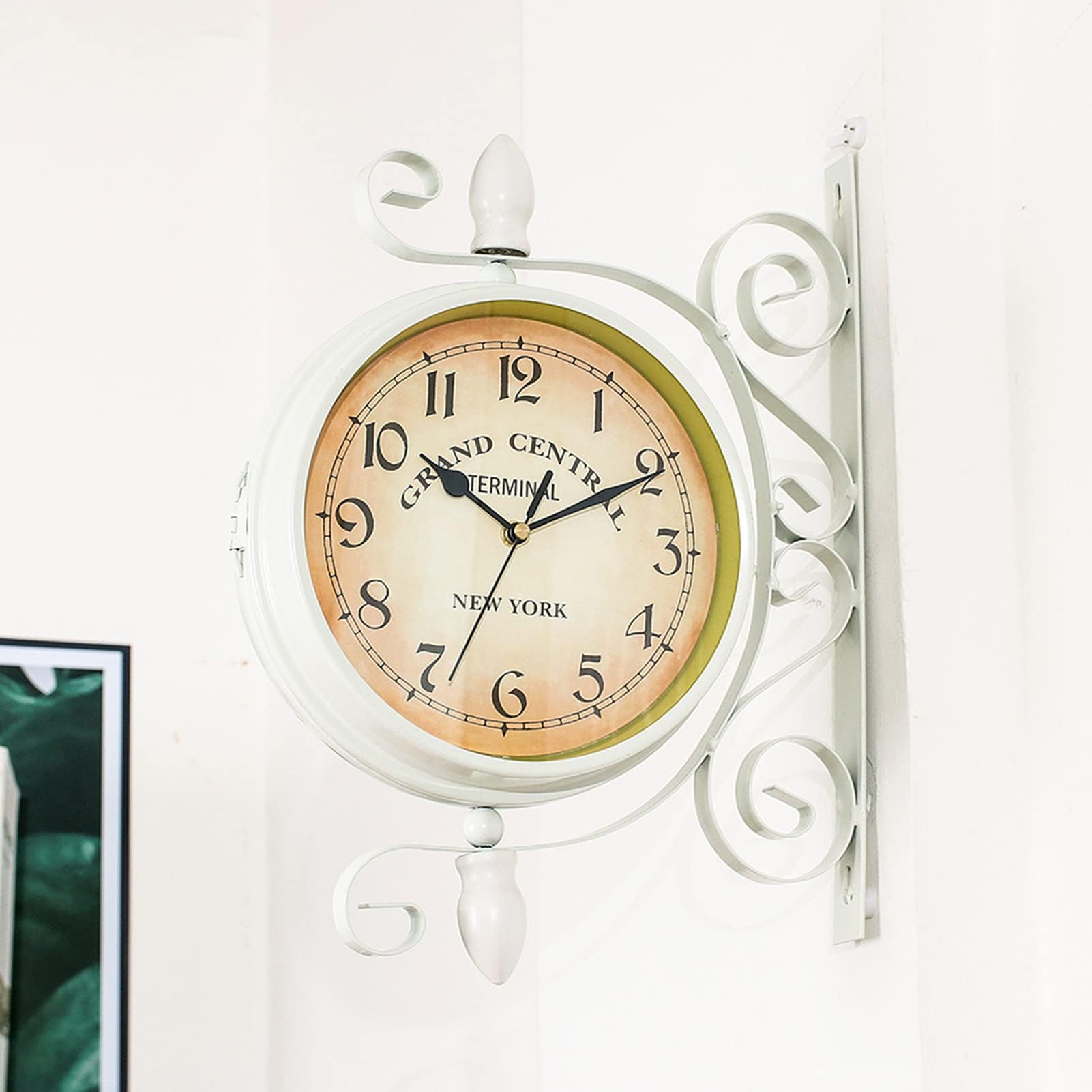 Orologio da Stazione, Orologio da Parete Doppio Lato 35 x 28 cm in Ferro Bianco per Giardino