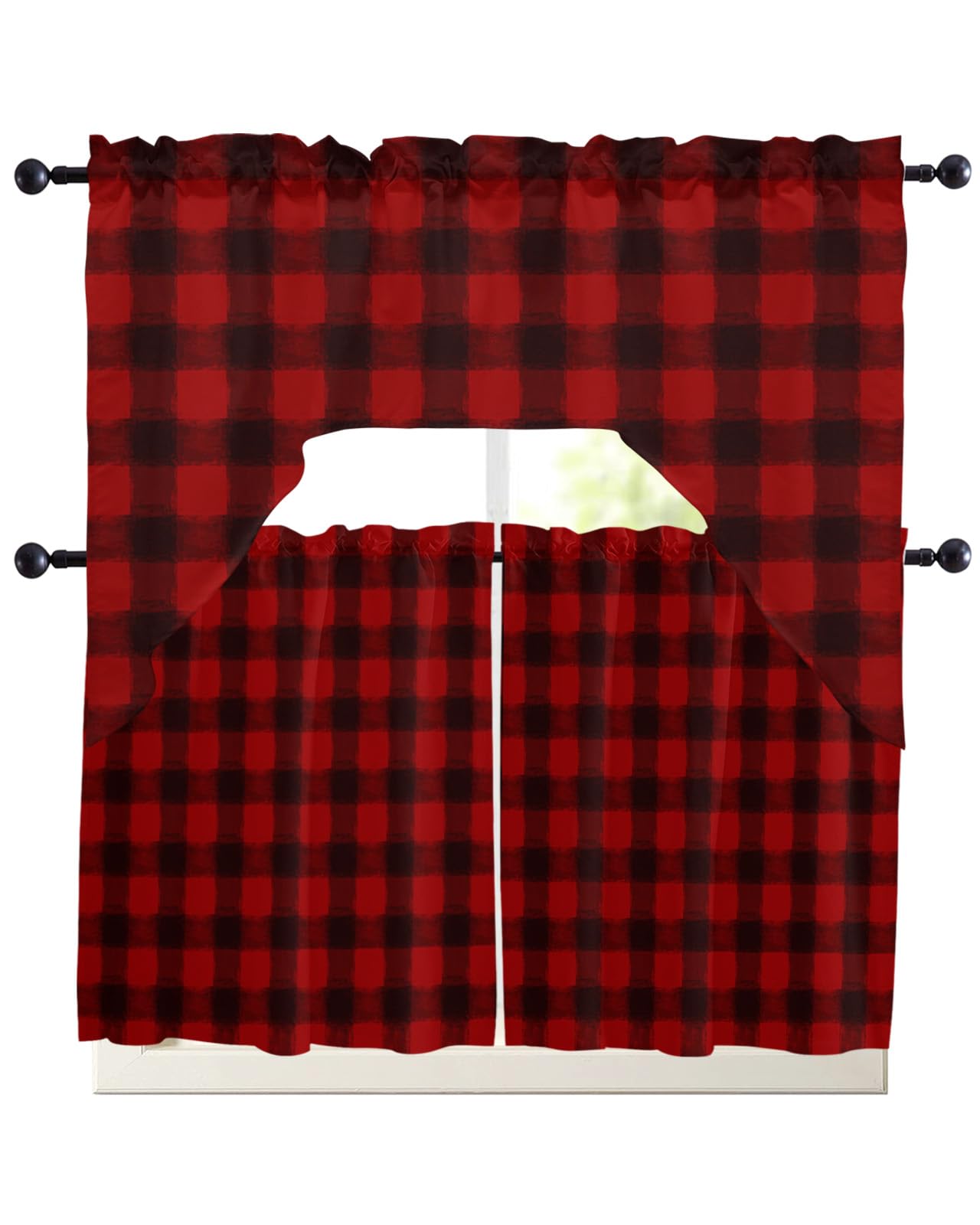 Red Black Plaid Swag Kitchen Curtain Sets with Valance,3 Pieces Rod Pocket Curtain Drapes for Bedroom Living Room Bathroom Cafe,Christmas Farmhouse