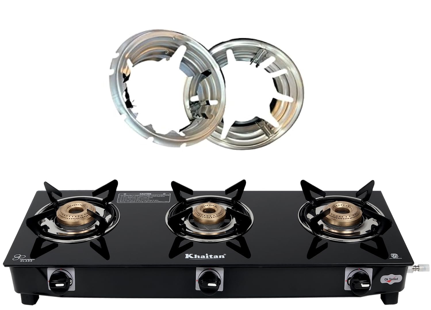 Khaitan 3 Burner Jio Black Toughened Glass | LPG Cooktop I Manual Ignition Stove | Ergonomic I Gas Stove Combo - 3B Jio + Hindflame (Pack of 2) Gas Saver Stand Premium Silver Colour-picture-12