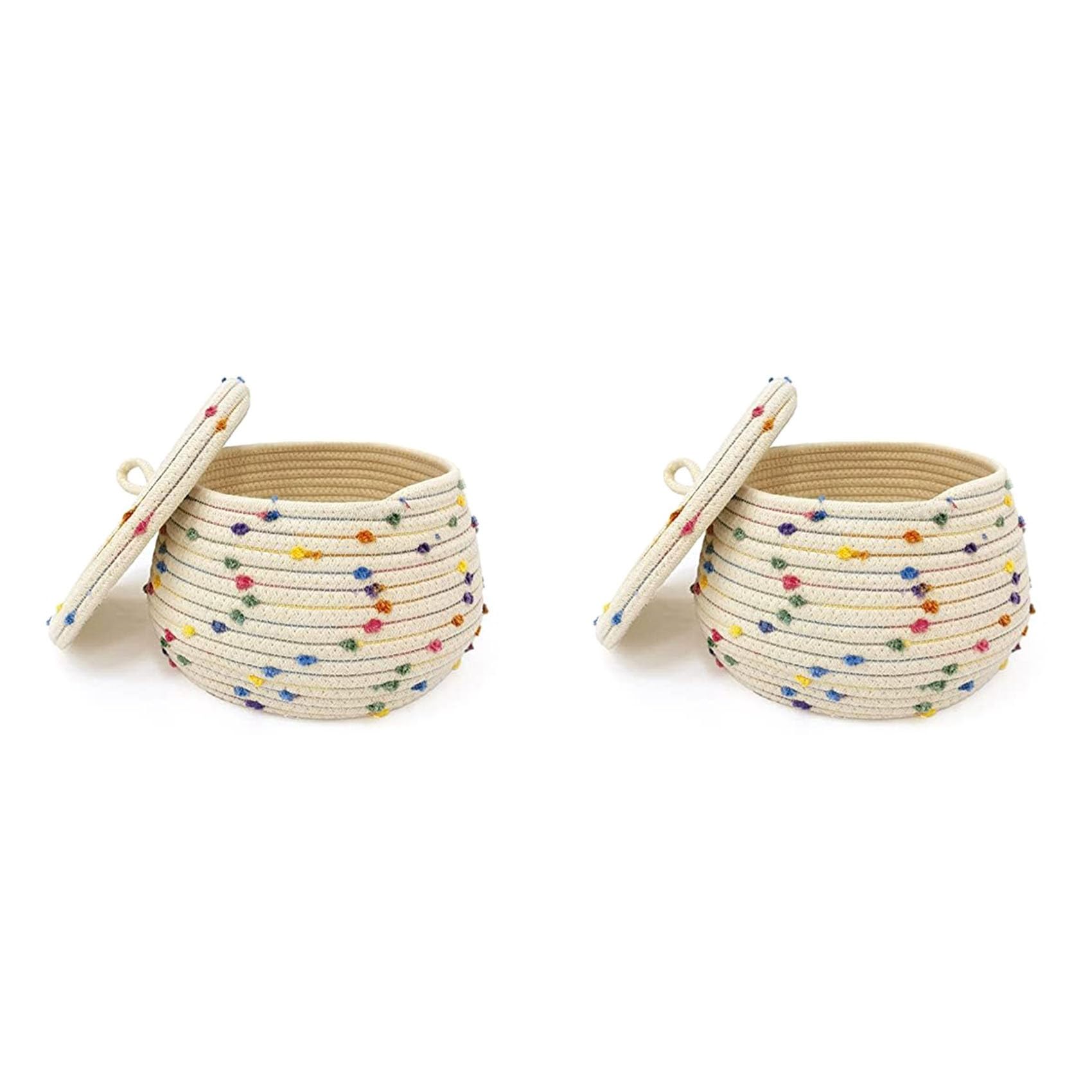 Hndhbfgrt 2X Small Rope Basket with Lid,Small Round Woven Storage Basket with Lid for Organizing, Small Decorative Toy Basket
