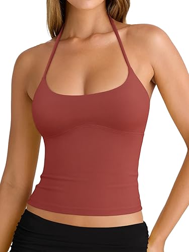 REORIA Women's Sexy Halter Backless Double Lined Tank Top Y2k Trendy Camisole Crop Tops - X-Small - Rusty Red
