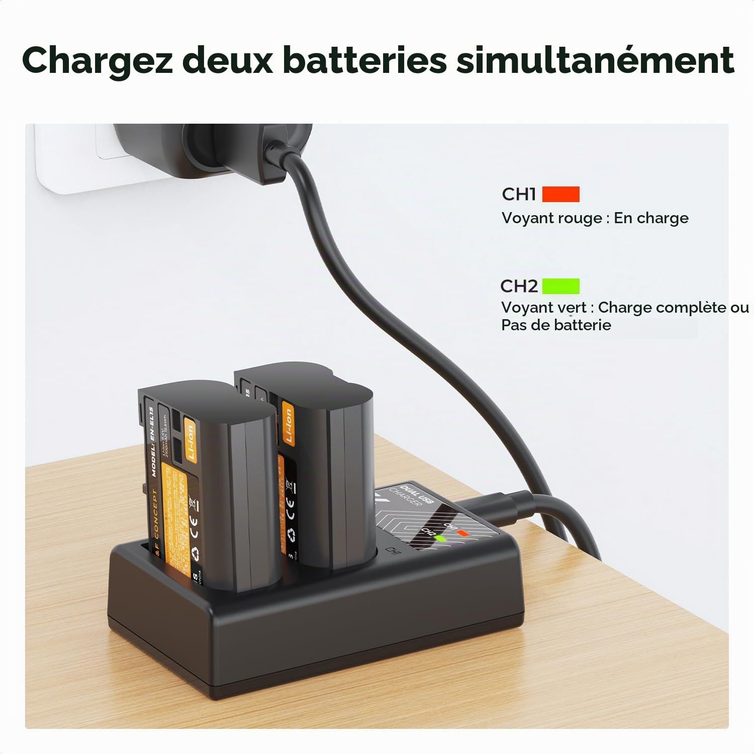 K&F CONCEPT EN-EL15 Batterie de Rechange 2100mAh et Chargeur USB Double Compatible avec Nikon DSLR D7000, D7100, D7200,D7500, D850, D810, D810A, D800, D800E, D750, D610, D600, D500