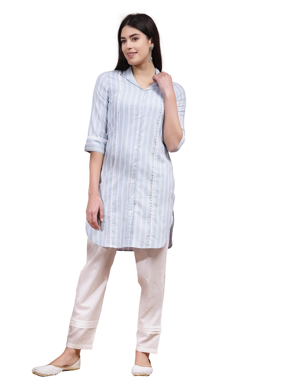 Stylum Women's Woven Striped Cotton Blend Straight Kurta (Gossipblue34_Blue, Xs)