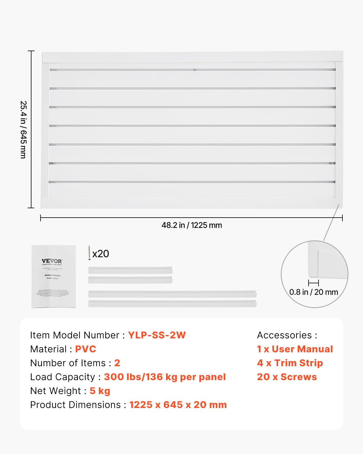 VEVOR Paneles de Pared de Listones 1225 x 645 x 20 mm, Panel de Listones de Garaje de PVC Diseño Modular con Estructura de Acoplamiento y Corte de Bricolaje para Almacenamiento y Exhibición, Blanco