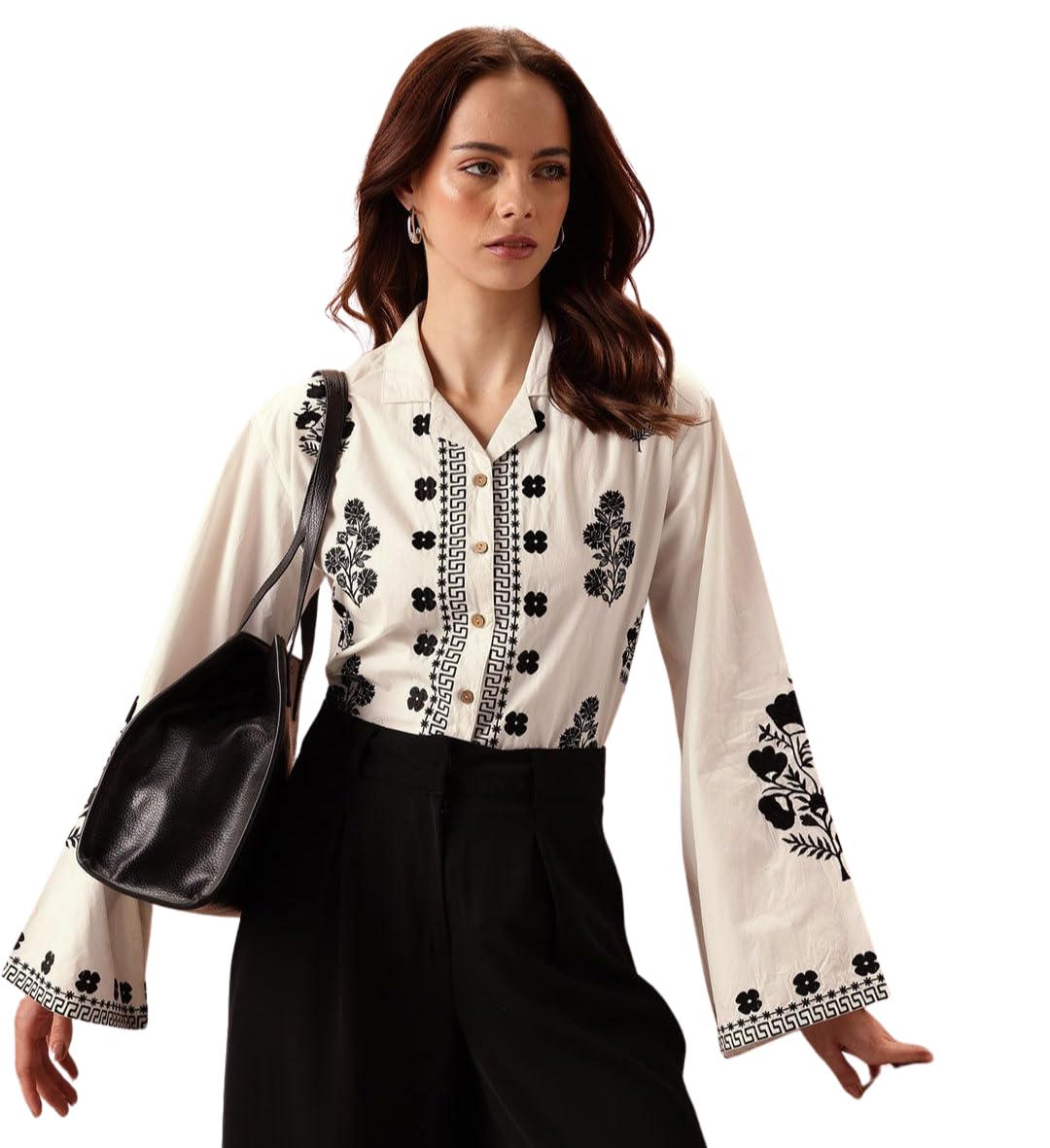 bee m pee designer Women's Embroidered Korean Crop Shirt | Full Bell Sleeves Western Tops for Woman Stylish | Latest Oversized Formal/Casual/Office Wear Cotton Shirts Top for Women-picture-44