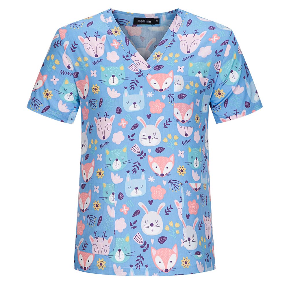 niaahinn Cartoon Scrub Tops for Women, Breathable Print Nurse Uniforms Short Sleeve V-Neck Shirts Tee Tops with Pockets (62033,M,Medium)