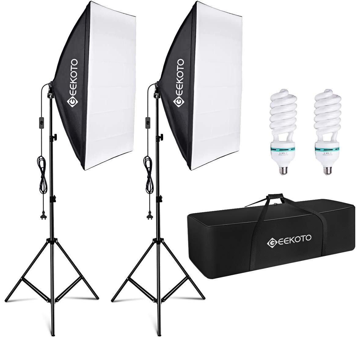 GEEKOTO Softbox Kit di Illuminazione 50 x 70cm, Luci da Studio Fotografico con 2 Lampadine E27 85W 5500K, 2m Supporti Regolabili per Ritratti in Studio, Fotografia Prodotti, Foto di Moda, Video, ecc.