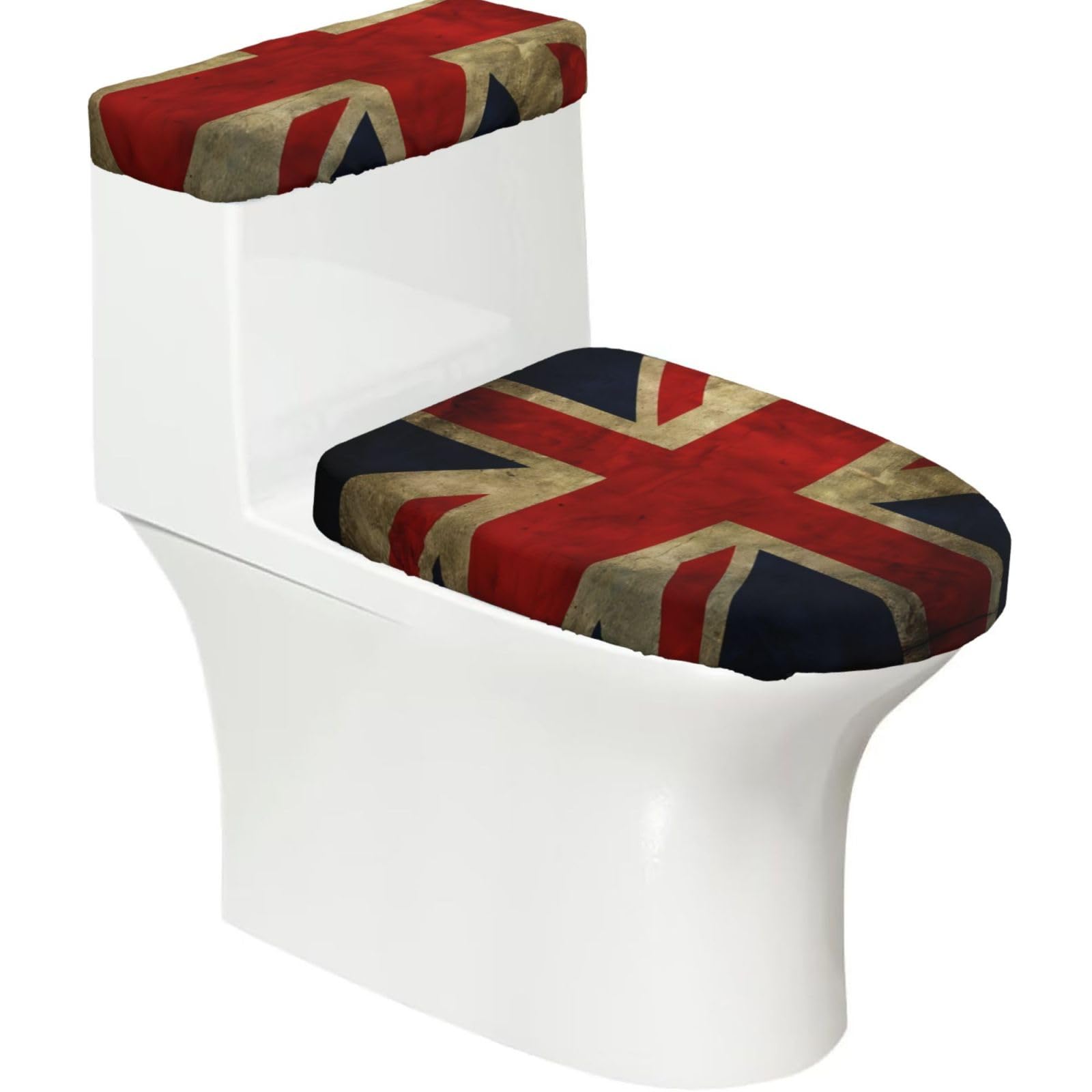 British Flag 2-Piece Toilet Seat Cover Set with Tank Lid - Elastic for U-Shape & Elongated - Bathroom Decor
