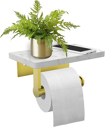 Newfun Portarrollos de papel higiénico dorado con estante de mármol blanco, soporte de rollo de papel de papel de acero inoxidable 304 para baño y