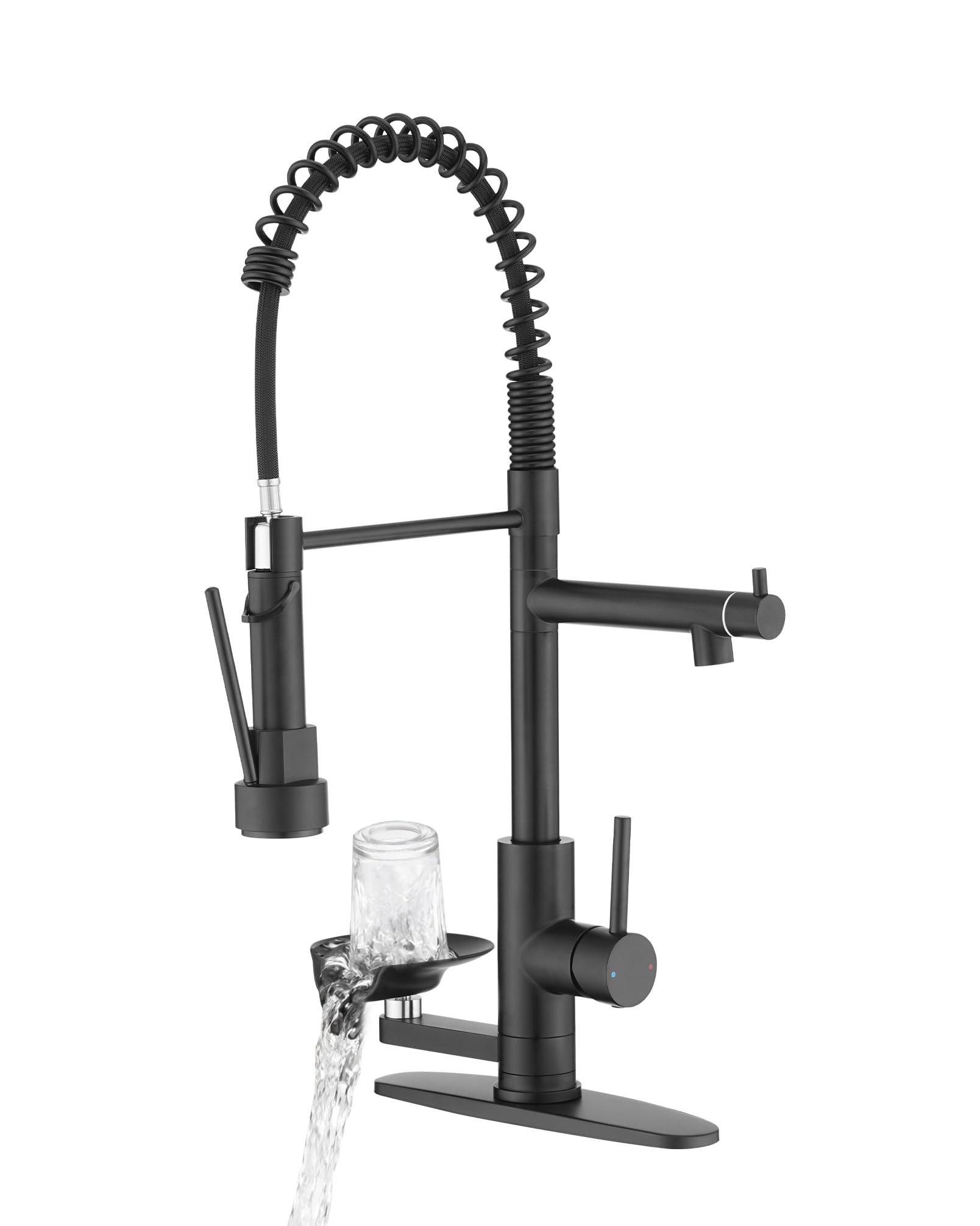 Kitchen Sink Fuacet with Glass Rinser, Single Handle Kitchen Faucet with Pot Filler, Pull Down Sparyer, Deck Plate, 304 Stainless Steel, Matte Black