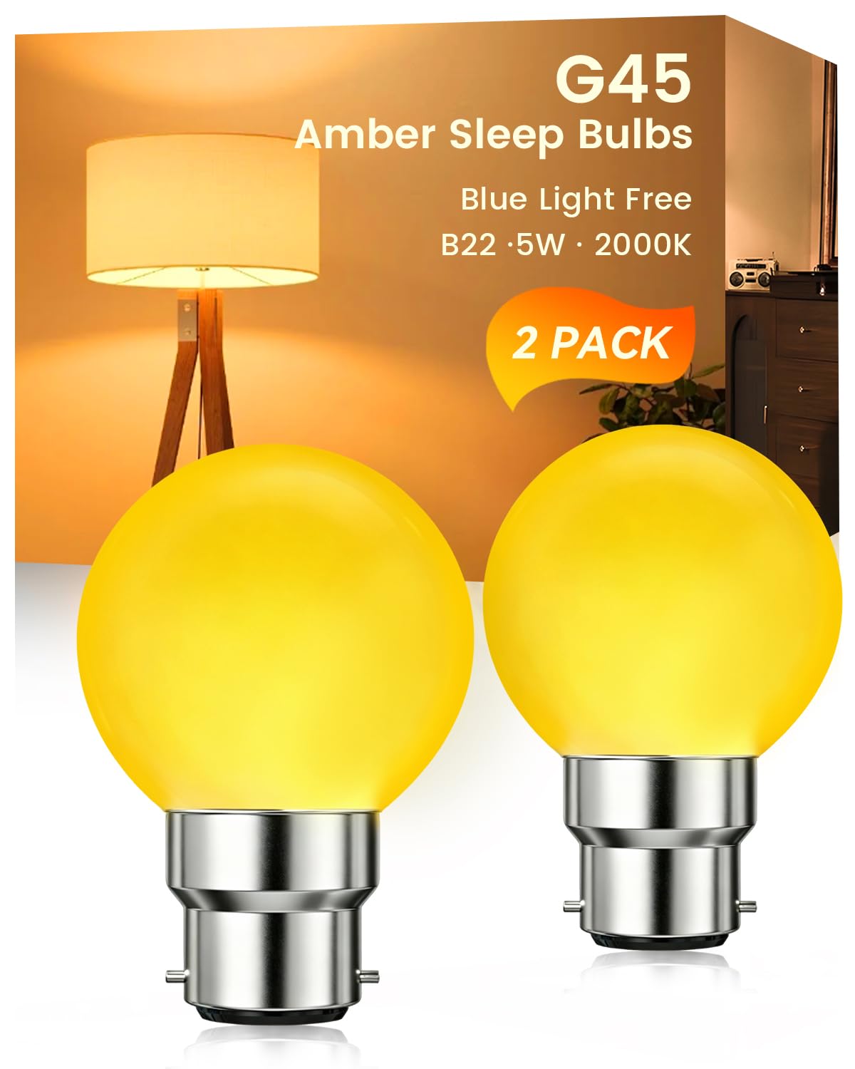 Luxvista B22 Bayonet Amber Light Bulb, 2000K G45 LED Large Bayonet Orange Light Bulbs,Blue Light Blocking Sleep Night Light, 5W Low Watt Non-Dimmable for Bedroom Nursery(AC100-240V,250lm)