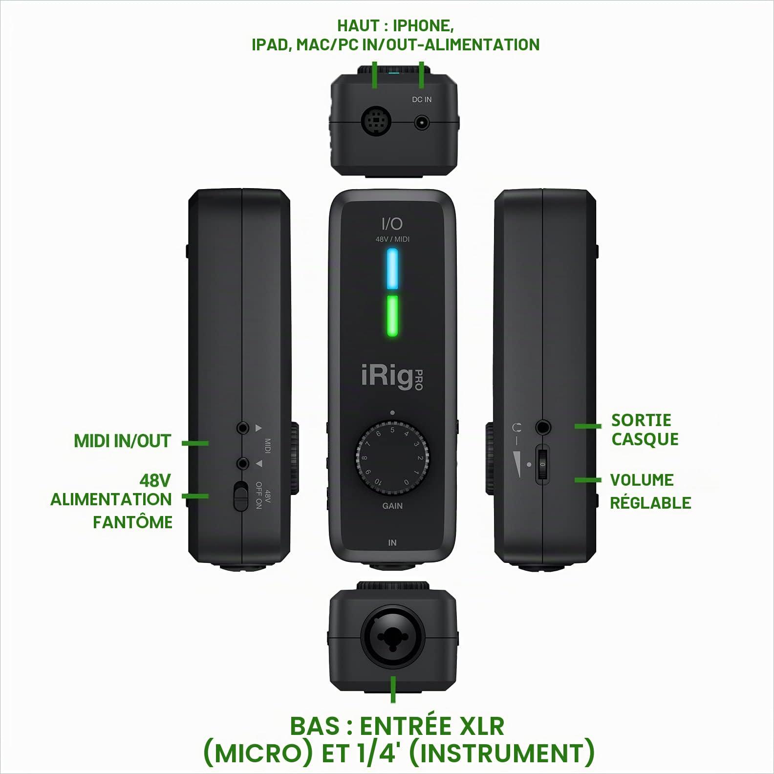 IK Multimedia iRig Pro I/O - Interface Audio MIDI Mobile, 24-bit/96kHz, Son de Qualité, Compatible avec Smartphone, Tablette et Ordinateur, Câble Lightning/mini-DIN inclus